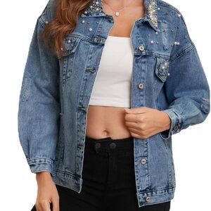 Pearl Beaded oversized Denim Button Down Distressed Jean Jacket
